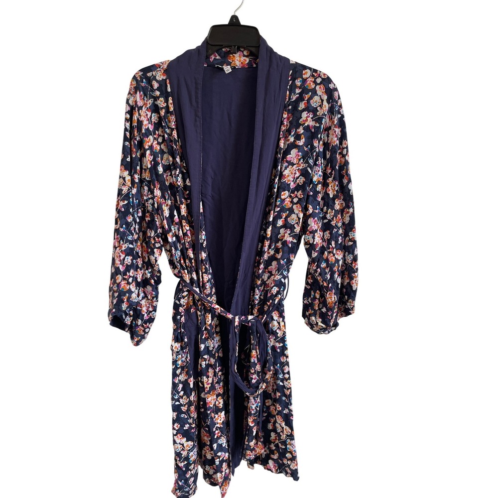 Vera Bradley Floral Rayon Robe Navy Blue Pink Orange Kimono Wrap L/XL